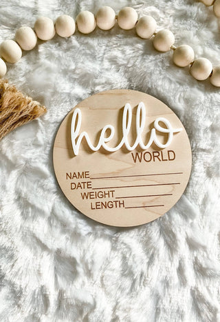 Hello World Birth Stat Announcement Wood Disc - Layered 3D: Deep Teal / 4 inch - Lindsey Paige