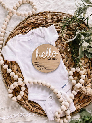 Hello World Birth Stat Announcement Wood Disc - Layered 3D: Deep Teal / 4 inch - Lindsey Paige