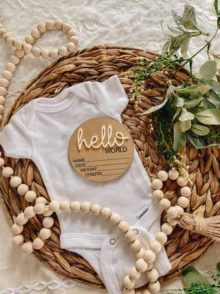 Hello World Birth Stat Announcement Wood Disc - Layered 3D: Deep Teal / 4 inch - Lindsey Paige