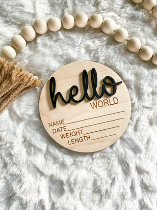 Hello World Birth Stat Announcement Wood Disc - Layered 3D: Deep Teal / 4 inch - Lindsey Paige