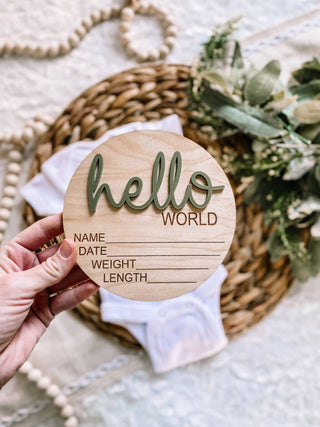 Hello World Birth Stat Announcement Wood Disc - Layered 3D: Deep Teal / 4 inch - Lindsey Paige
