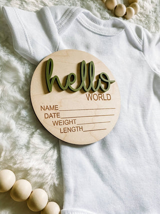 Hello World Birth Stat Announcement Wood Disc - Layered 3D: Deep Teal / 4 inch - Lindsey Paige
