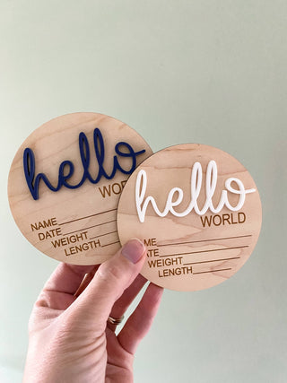 Hello World Birth Stat Announcement Wood Disc - Layered 3D: Deep Teal / 4 inch - Lindsey Paige