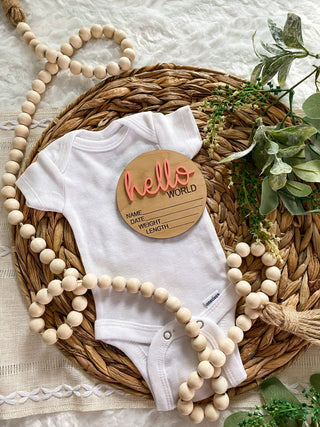 Hello World Birth Stat Announcement Wood Disc - Layered 3D: Rose / 4 inch - Lindsey Paige