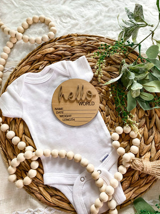 Hello World Birth Stat Announcement Wood Disc - Layered 3D: White / 4 inch - Lindsey Paige