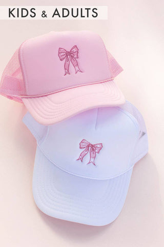 Kids or Adults Coquette Bow Embroidery Trucker Hat Cap: White - Kids - Lindsey Paige