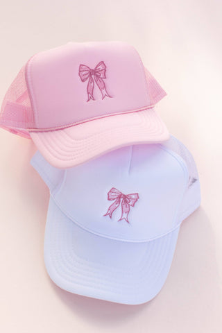 Kids or Adults Coquette Bow Embroidery Trucker Hat Cap: White - Kids - Lindsey Paige