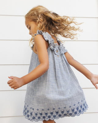Lennon Girls' Marine Gingham Dress – Scalloped Eyelet Edition - Lindsey Paige