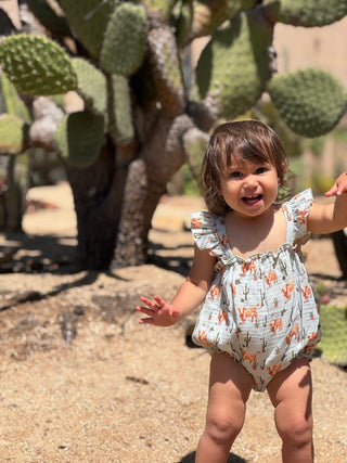 Liza Western Cow Print Ruffle Baby Bubble Romper - Lindsey Paige