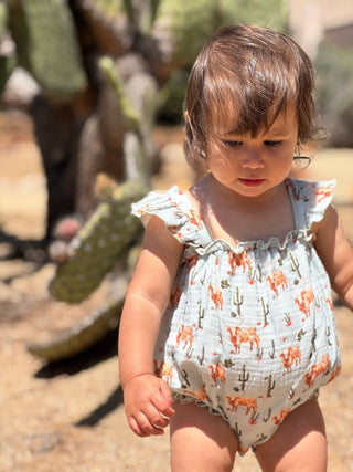 Liza Western Cow Print Ruffle Baby Bubble Romper - Lindsey Paige