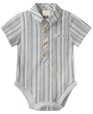 MULTI/BLUE BEIGE STRIPE HELFORD WOVEN ONESIE - Lindsey Paige