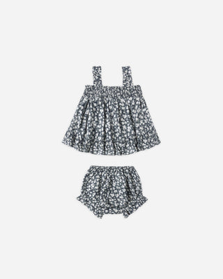 Navy Floral Baby Girl Linen Ruffle Set – Lala Collection - Lindsey Paige