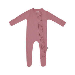 Ribbed Ruffle Zippered Footie in Dusty Rose - Lindsey Paige