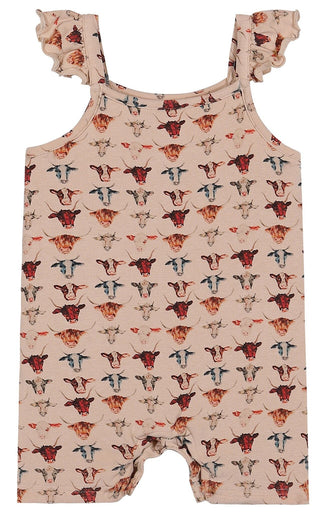 Tegan Cow Print Bubble Romper – Ruffle Shoulder Baby One - Piece - Lindsey Paige