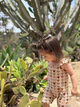 Tegan Cow Print Bubble Romper – Ruffle Shoulder Baby One - Piece - Lindsey Paige