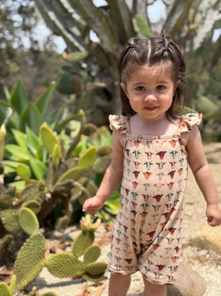 Tegan Cow Print Bubble Romper – Ruffle Shoulder Baby One - Piece - Lindsey Paige