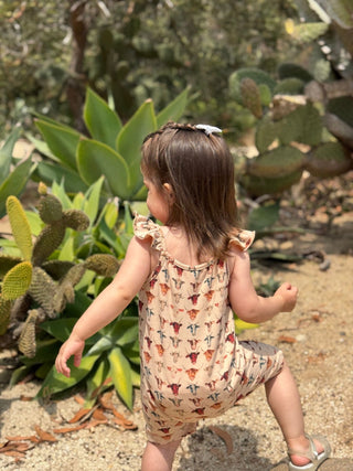 Tegan Cow Print Bubble Romper – Ruffle Shoulder Baby One - Piece - Lindsey Paige