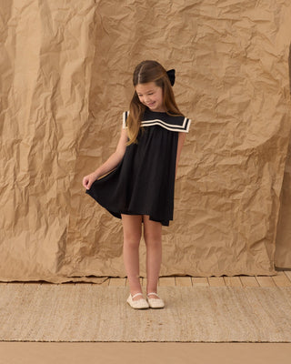 Vintage - Inspired Girls' Sailor Dress – Midnight Black Linen Blend - Lindsey Paige